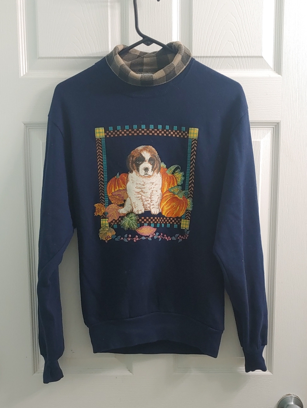 Vintage 90s Dog Sweater Fall Pumpkin Mockneck Navy Sweatshirt Women's Size PM